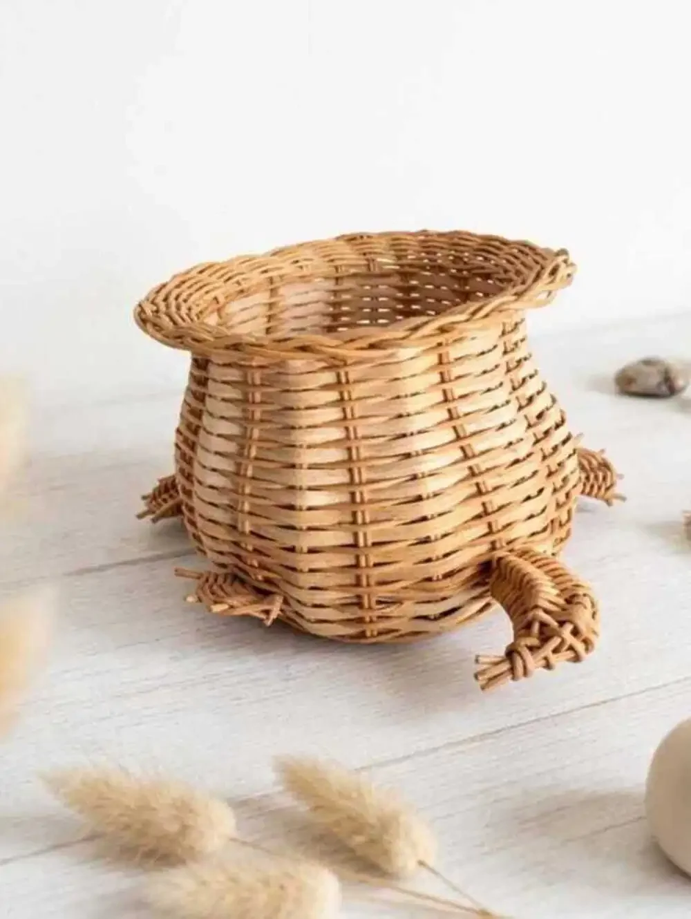 Vintage Wicker Turtle Basket with Black Bead Eyes, Mid-Century Handmade Rattan